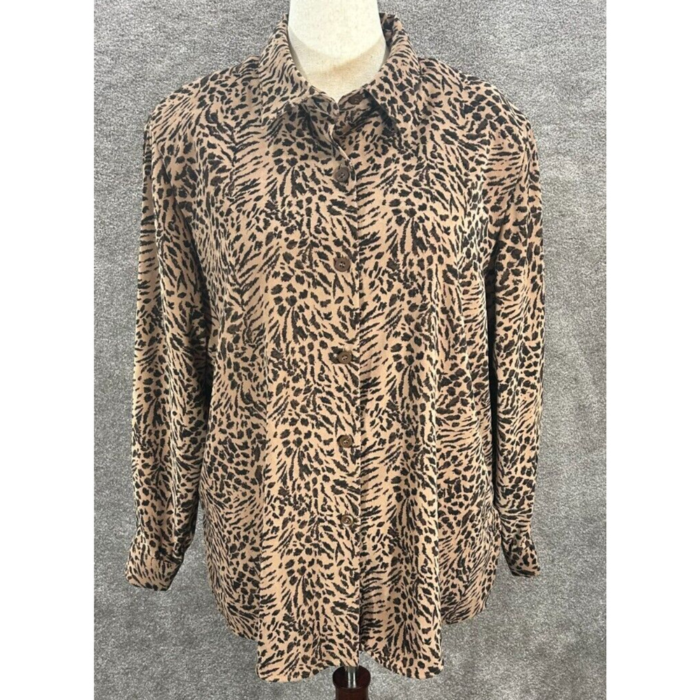 Joan Leslie Shirt Womens 18W Brown Black Animal Print‎ Button Long Sleeve Blouse